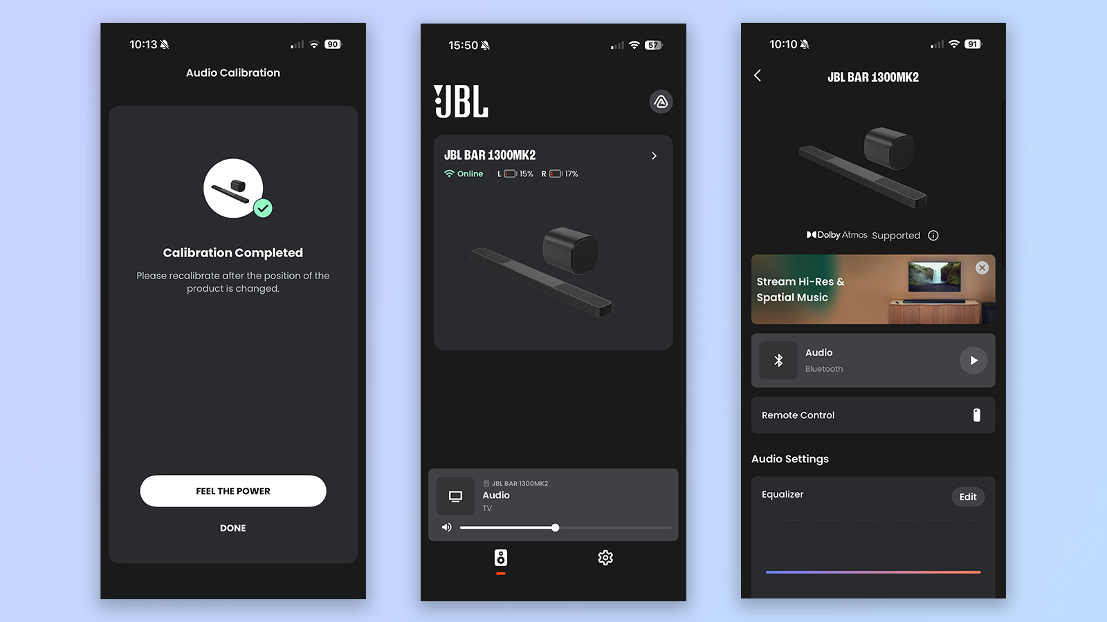 the JBL Bar 1300XMK2 app connectivity showing features and room calibration of the soundbar and subwoofer and surrounds