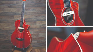 Breedlove's TB Vintage Edition Blues Orange Concertina guitar, pictured from multiple angles
