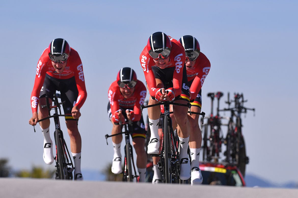 Lotto Soudal cresting a small hill on the opening stage of Tirreno-Adriatico