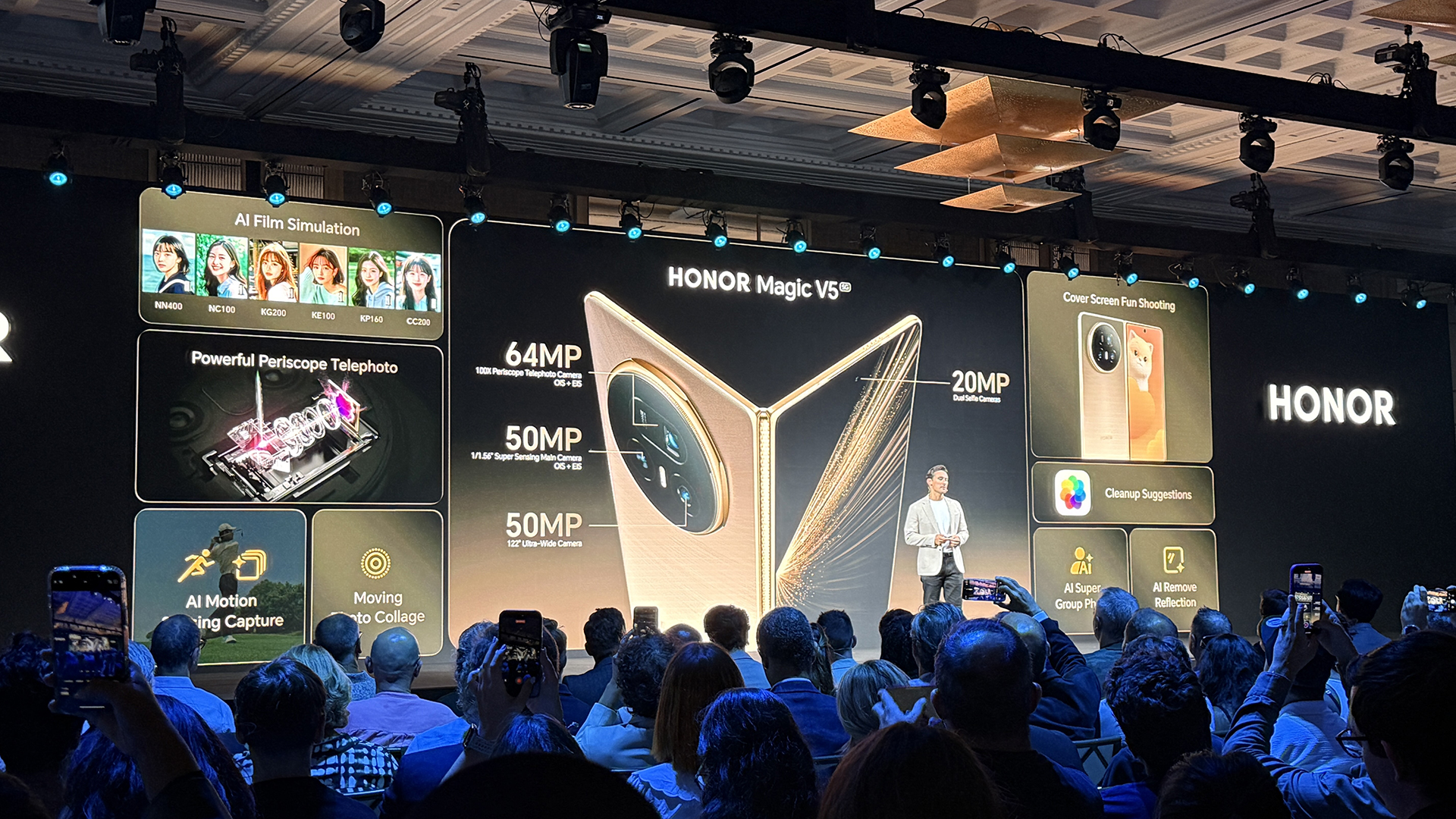 Various photos of the new foldable phone, the Honor Magic V5. 