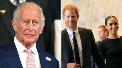 A comp image of King Charles (L) and Prince Harry and Meghan Markle (R)