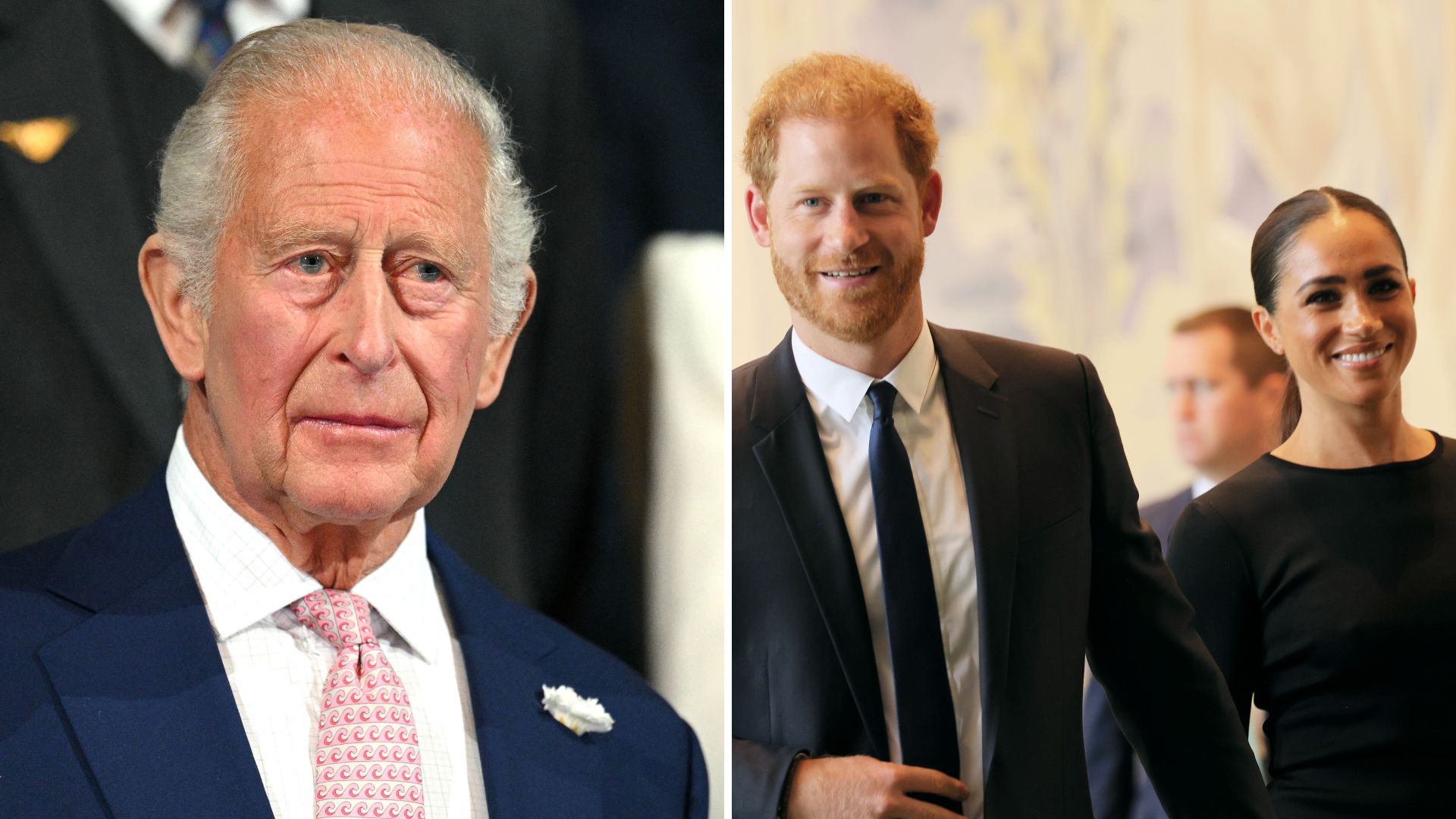 A comp image of King Charles (L) and Prince Harry and Meghan Markle (R)