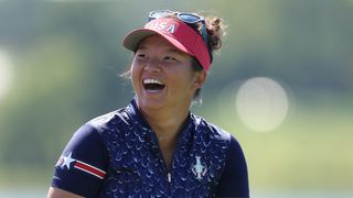 Megan Khang laughing in a practice round before the Solheim Cup at Robert Trent Jones Golf Club