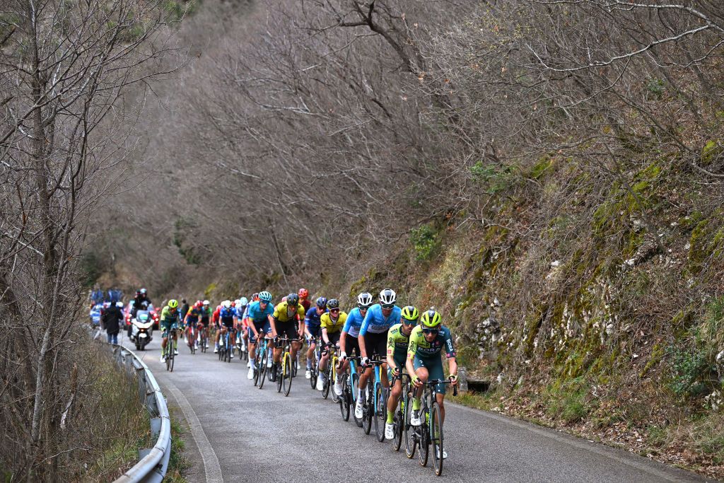 Ben O&rsquo;Connor (Decathlon-Ag2R La Mondiale) and Bora-Hansgrohe riders Jai Hindley and Lennard Kamna lead the peloton