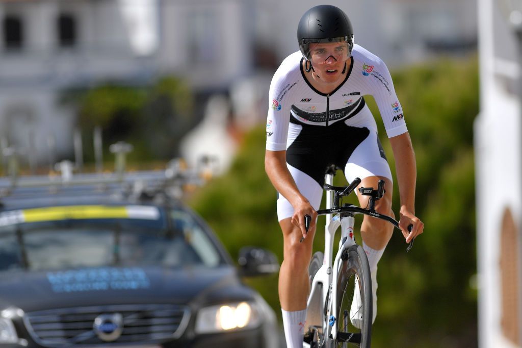 LAGOA PORTUGAL MAY 08 Sean Quinn of United States and Team Hagens BermanAxeon White Best Young Rider Jersey during the 47th Volta Ao Algarve 2021 Stage 4 a 203km Individual Time Trial stage from Lagoa to Lagoa ITT VoltAlgarve VAlgarve2021 on May 08 2021 in Lagoa Portugal Photo by Luc ClaessenGetty Images