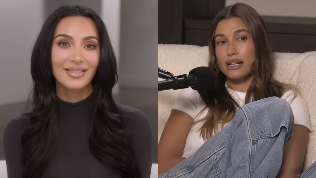 Kim Kardashian speaks on The Kardashians, while Hailey Bieber talks on the Call Me Daddy Podcast.