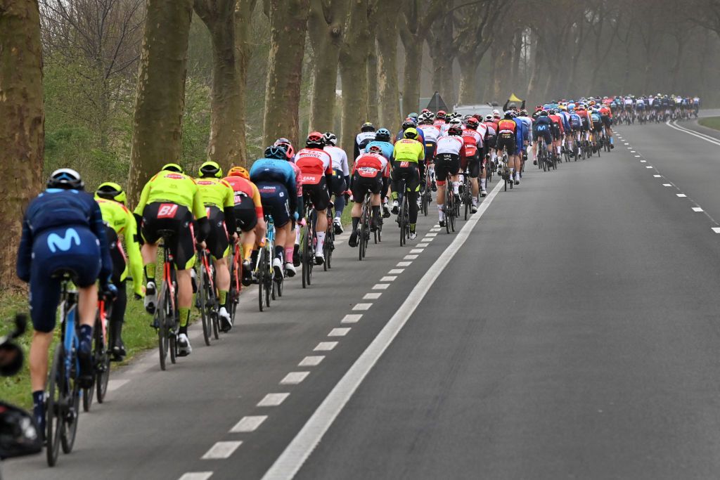 Illustration picture shows the pack of riders in action during the mens GentWevelgem In Flanders Fields cycling race 2489km from Ieper to Wevelgem Sunday 27 March 2022 BELGA PHOTO DIRK WAEM Photo by DIRK WAEM BELGA MAG Belga via AFP Photo by DIRK WAEMBELGA MAGAFP via Getty Images