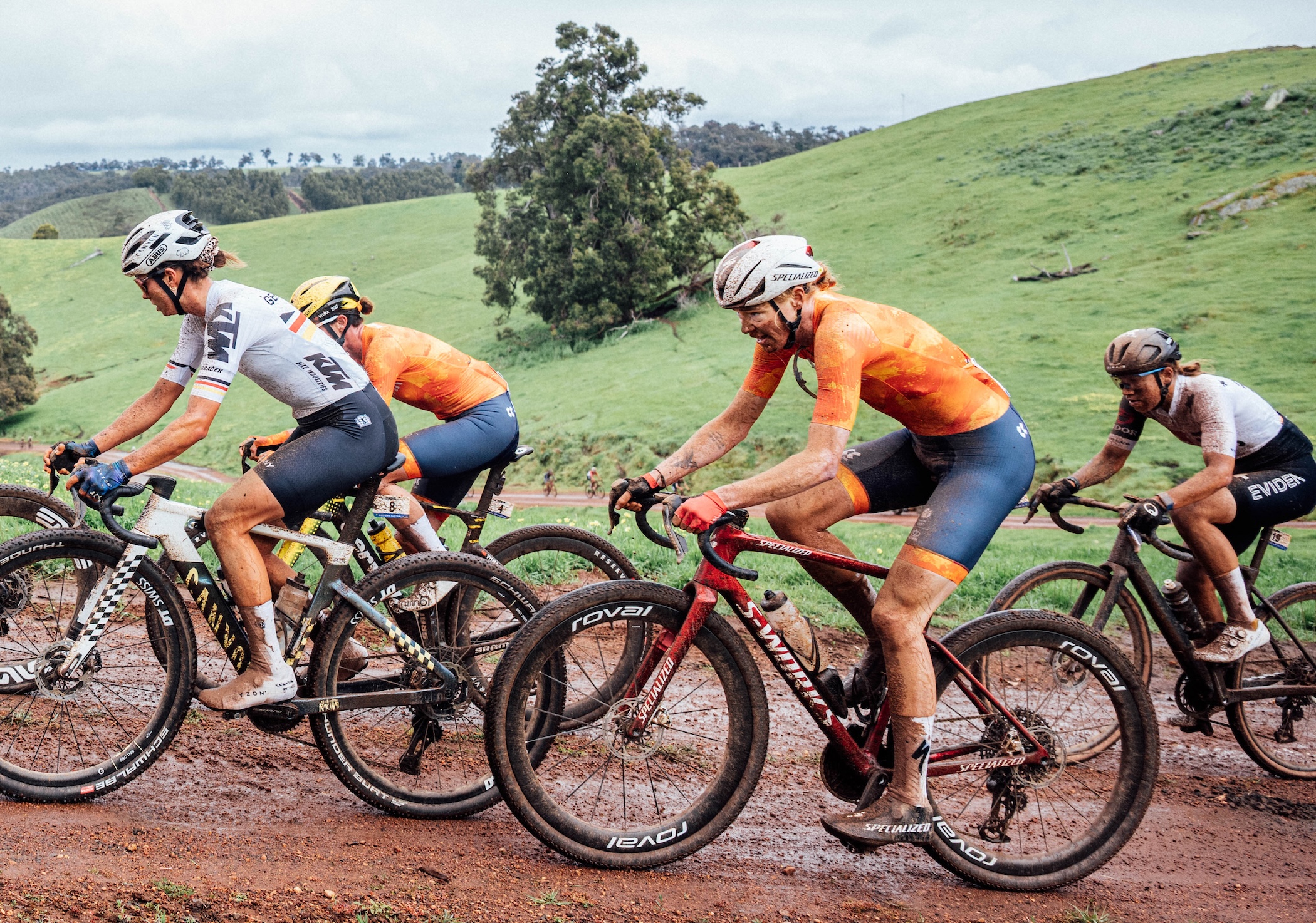  2026 UCI Gravel World Championships - Nannup, Western Australia, Australia - Women&rsquo;s Elite - Nele Laing (Germany) and Marianne Vos (Netherlands) ride in front of Geerike Schreurs (Netherlands)