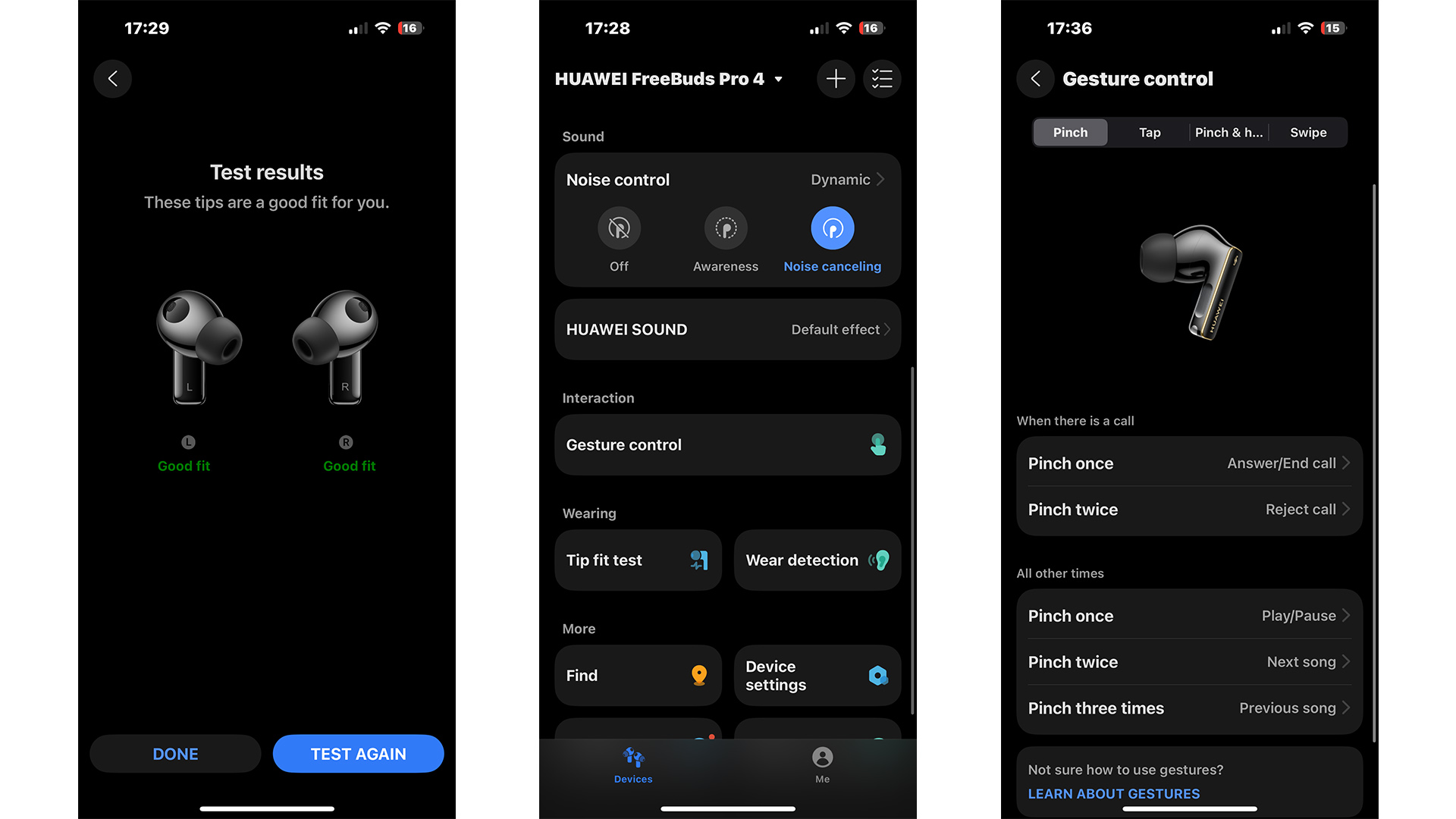 Huawei FreeBuds Pro 4 in-ear headphones app on three smartphone screens