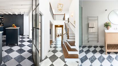 Marble checkerboard flooring is back on trend. Here are three pictures of this - a kitchen with these tiles and a black island and wall, an entryway with a white staircase and these tiles, and a bathroom with a wooden vanity and white walls with these tiles