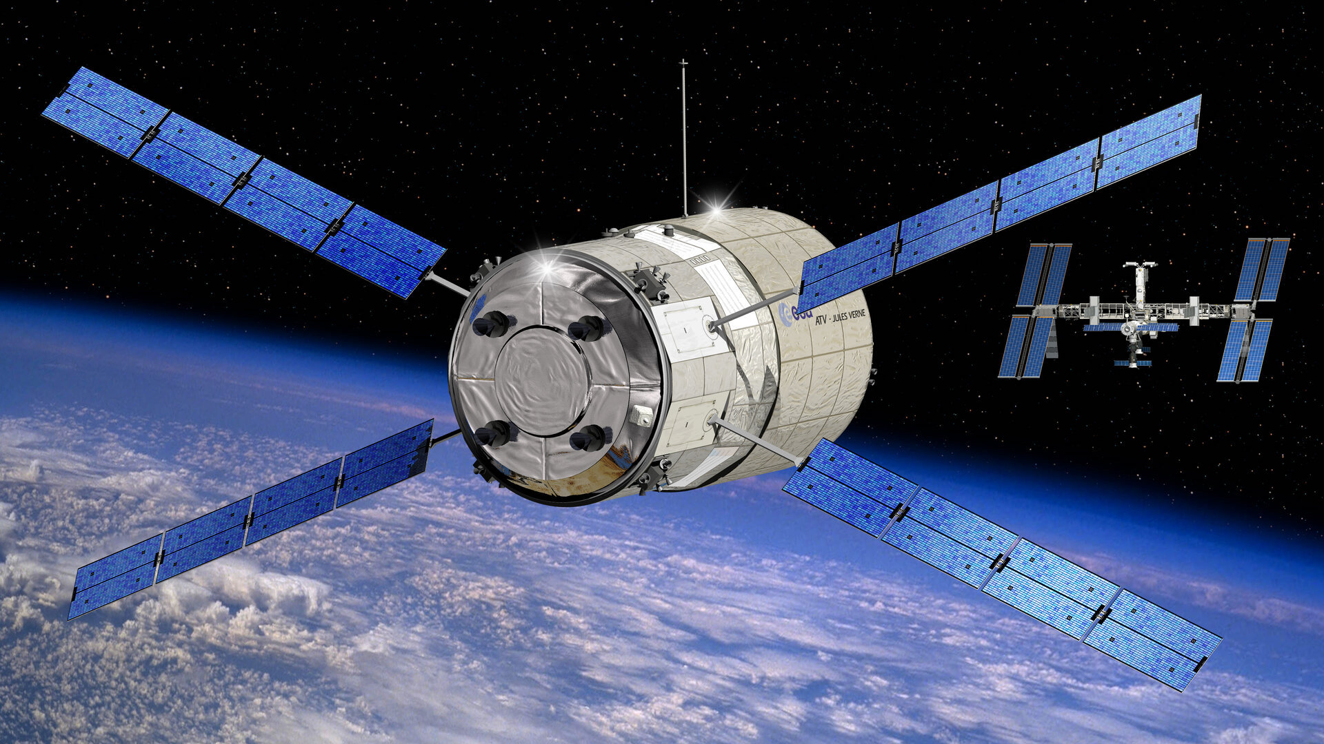 A rendering of the ATV Jules Verne flies above Earth toward the International Space Station. Four thrusters round the corners of the ATV's aft section, as four solar panel arrays stick out like dragonfly wings.