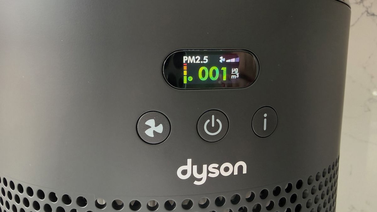 Close-up of the Dyson HushJet display showing PM2.5 particulate readings of 001 µg/m³ with colored air quality indicators