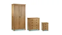 Set of three oak wardrobe, chest of drawers and three-drawer side table