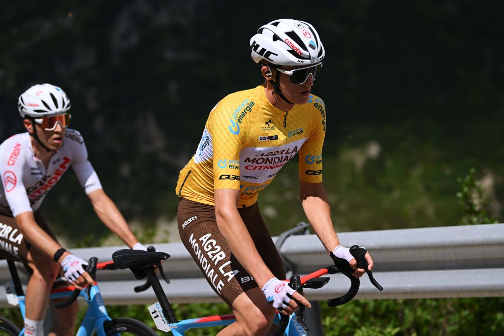 LA PUNT SWITZERLAND JUNE 15 Felix Gall of Austria and Ag2R Citron Team Yellow Leader Jersey competes during the 86th Tour de Suisse 2023 Stage 5 a 211km stage from Fiesch to La Punt 1696m UCIWT on June 15 2023 in La Punt Switzerland Photo by Dario BelingheriGetty Images