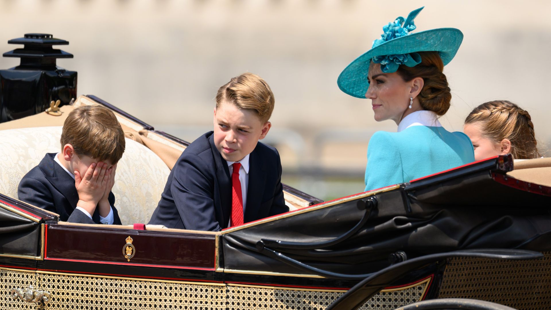 Prince Louis, Prince George, Princess Charlotte and Kate Middleton at Trooping the Colour 2025 