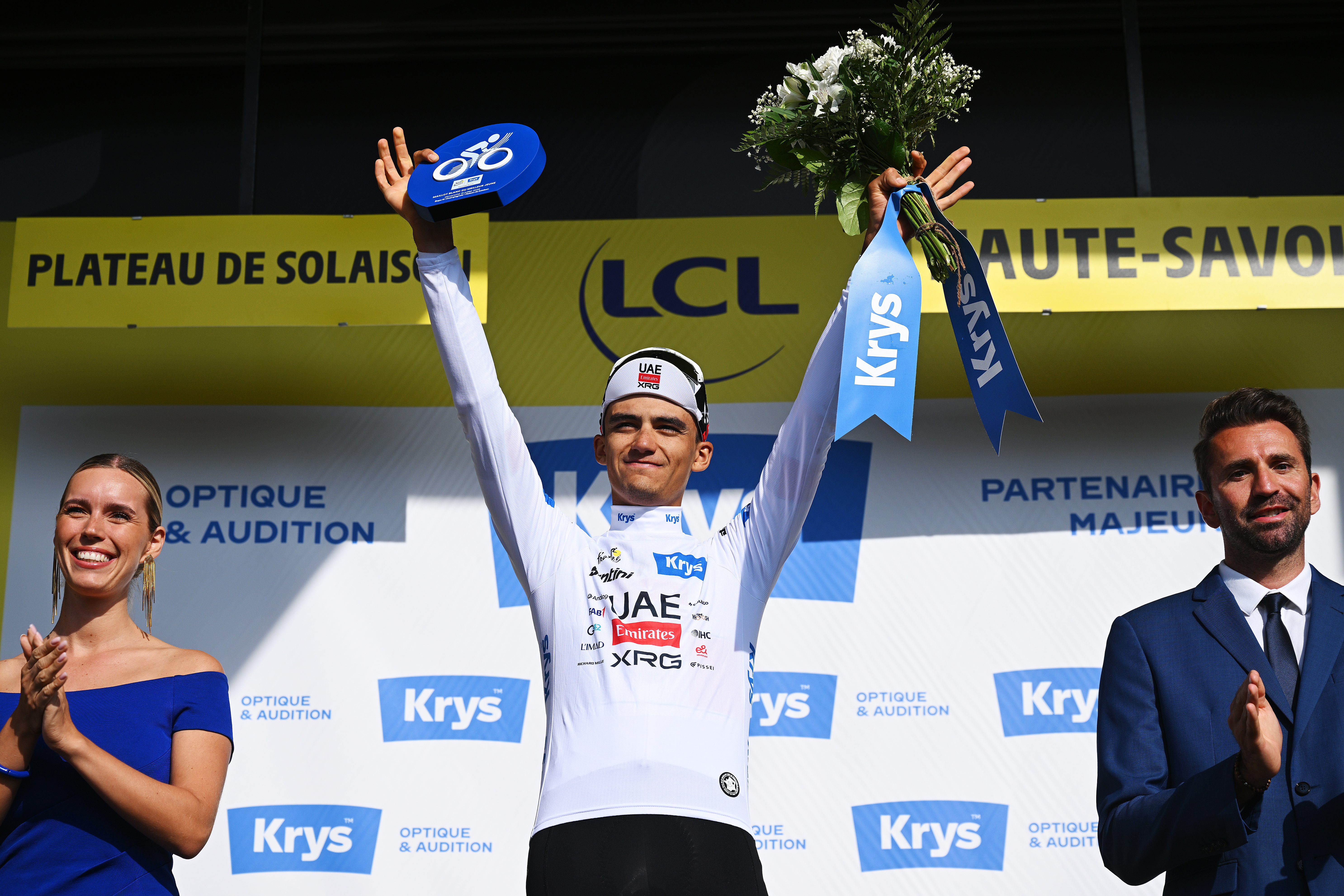 PLATEAU DE SOLAISON, FRANCE - JULY 19: Isaac Del Toro of Mexico and UAE Team Emirates - XRG celebrates at podium as White Best Young Rider Jersey winner during the 113th Tour de France 2026, Stage 15 a 183.9km a 155.3km stage from Champagnole to Plateau de Solaison 1501m / #UCIWT / on July 19, 2026 in Plateau de Solaison, France. (Photo by Dario Belingheri/Getty Images)