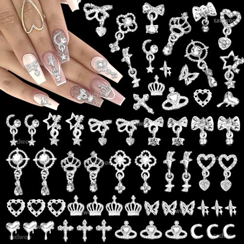100 Pcs Silver Nail Charms and Gems, Silver Dangle Star Bows Nail Gems Charms, Metal Crown Heart Butterfly Charms for Acrylic Nail Art Alloy Cross Nail Charms for Women Diy Accessories