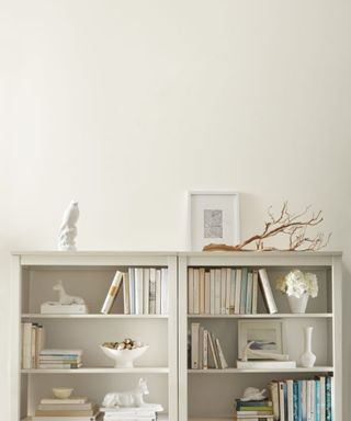 white wall with white bookshelf with neutral decorative objects and books