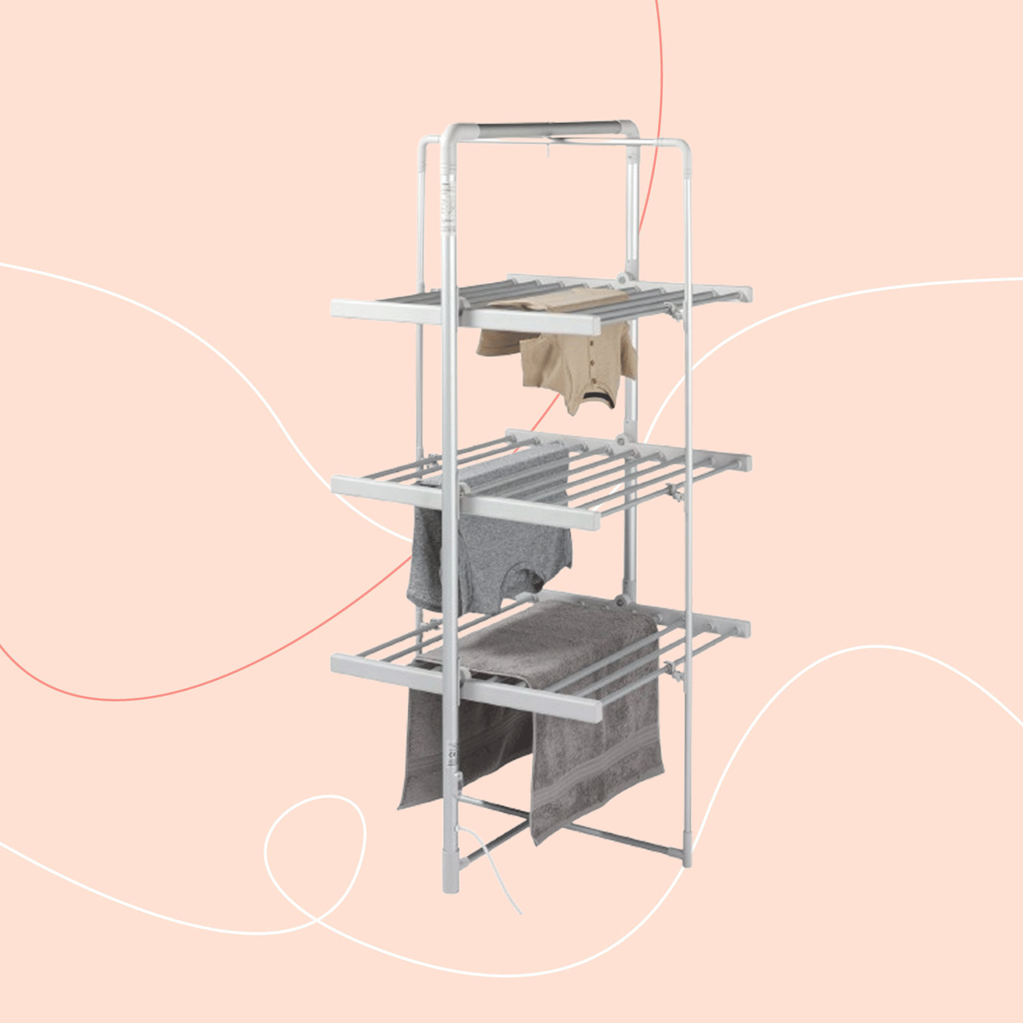 Cut out of Argos heated airer on a pink backdrop