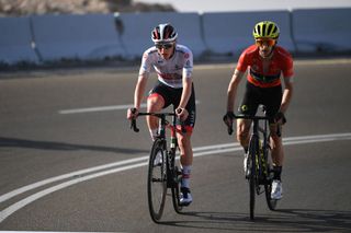 JEBEL HAFEET UNITED ARAB EMIRATES FEBRUARY 27 Tadej Pogacar of Slovenia and UAE Team Emirates Adam Yates of The United Kingdom and Team Mitchelton Scott Red Leader Jersey during the 6th UAE Tour 2020 Stage 5 a 162km stage from Al Ain to Jebel Hafeet 1033m UCIWT UAETour uaetour on February 27 2020 in Jebel Hafeet United Arab Emirates Photo by Justin SetterfieldGetty Images