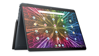 The HP Elite Dragonfly Chrombook in tent mode
