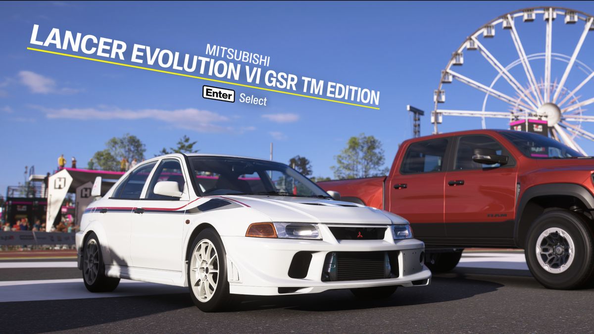 Forza Horizon 6 cars list: The Mitsubishi Lancer Evolution VI starter car outside a fuel station, lined up next to the other choices.