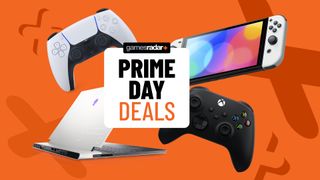 Amazon Prime Day deals badge with gaming consoles and laptop surrounding