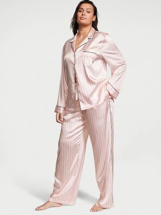 Pink Glazed Satin Long Pajama Set