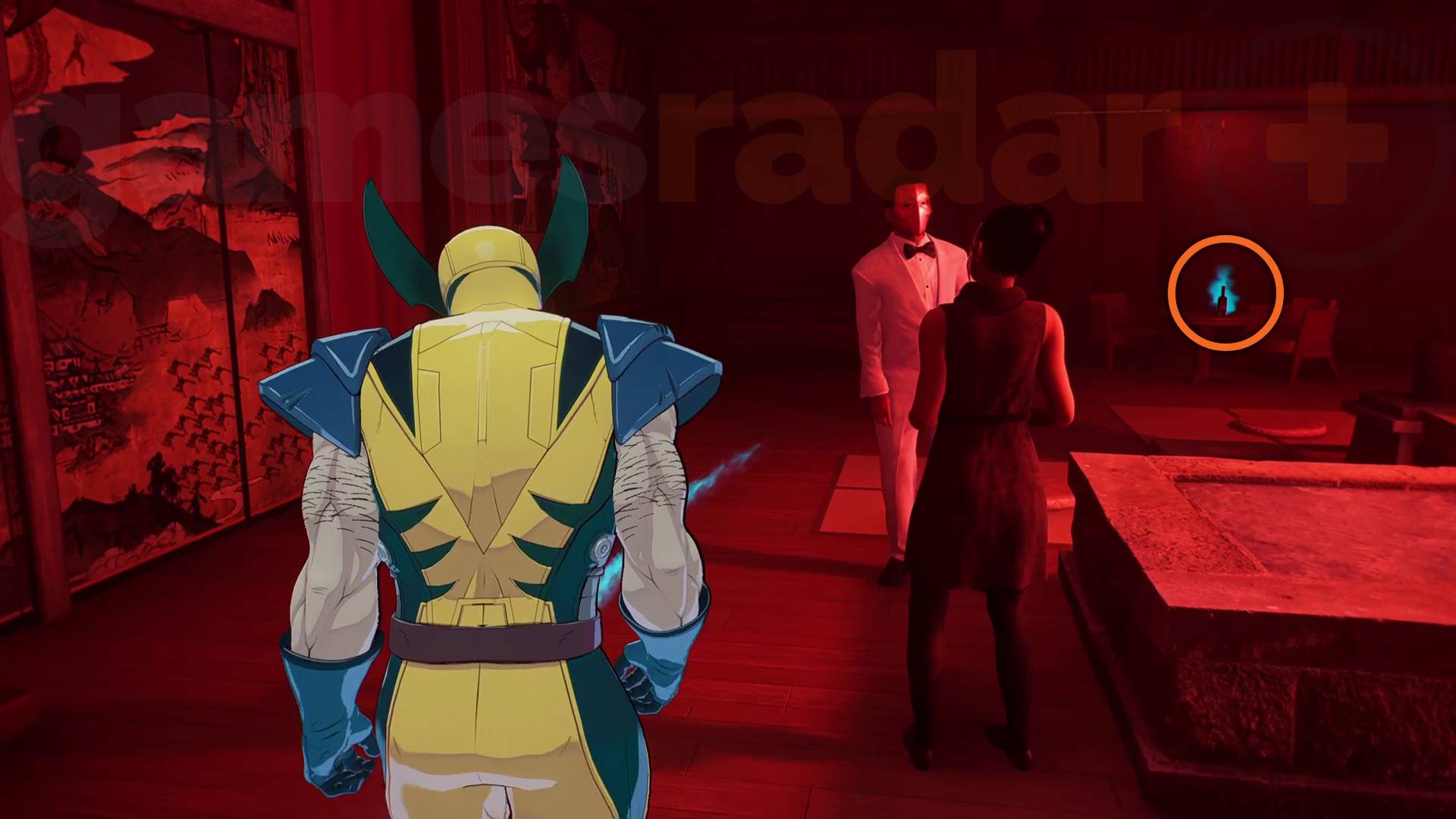 Marvel's Wolverine whiskey bottle on table in Hand party in In the Shadows