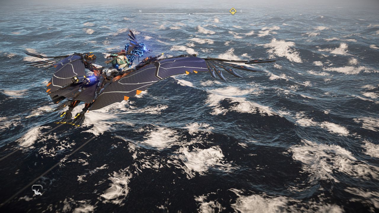 Aloy rides a Sunwing over the sea