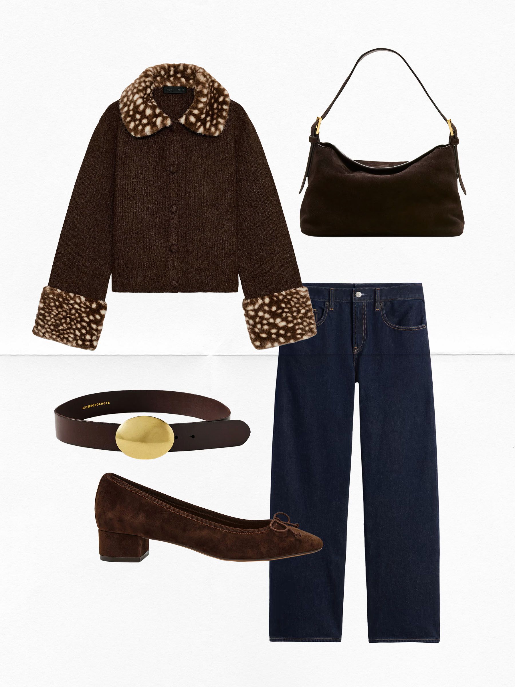 Collage of fashion items creating a fall outfit.