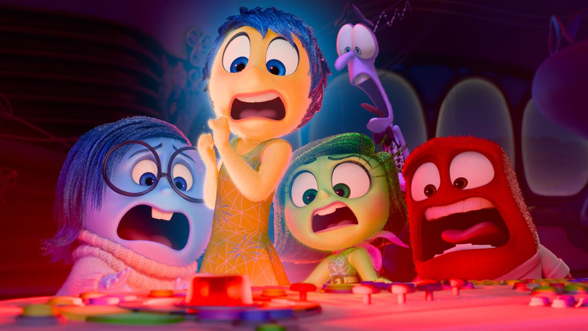 Joy, Sadness, Anger, Fear and Disgust look panicked at the console in &quot;Inside Out 2&quot;