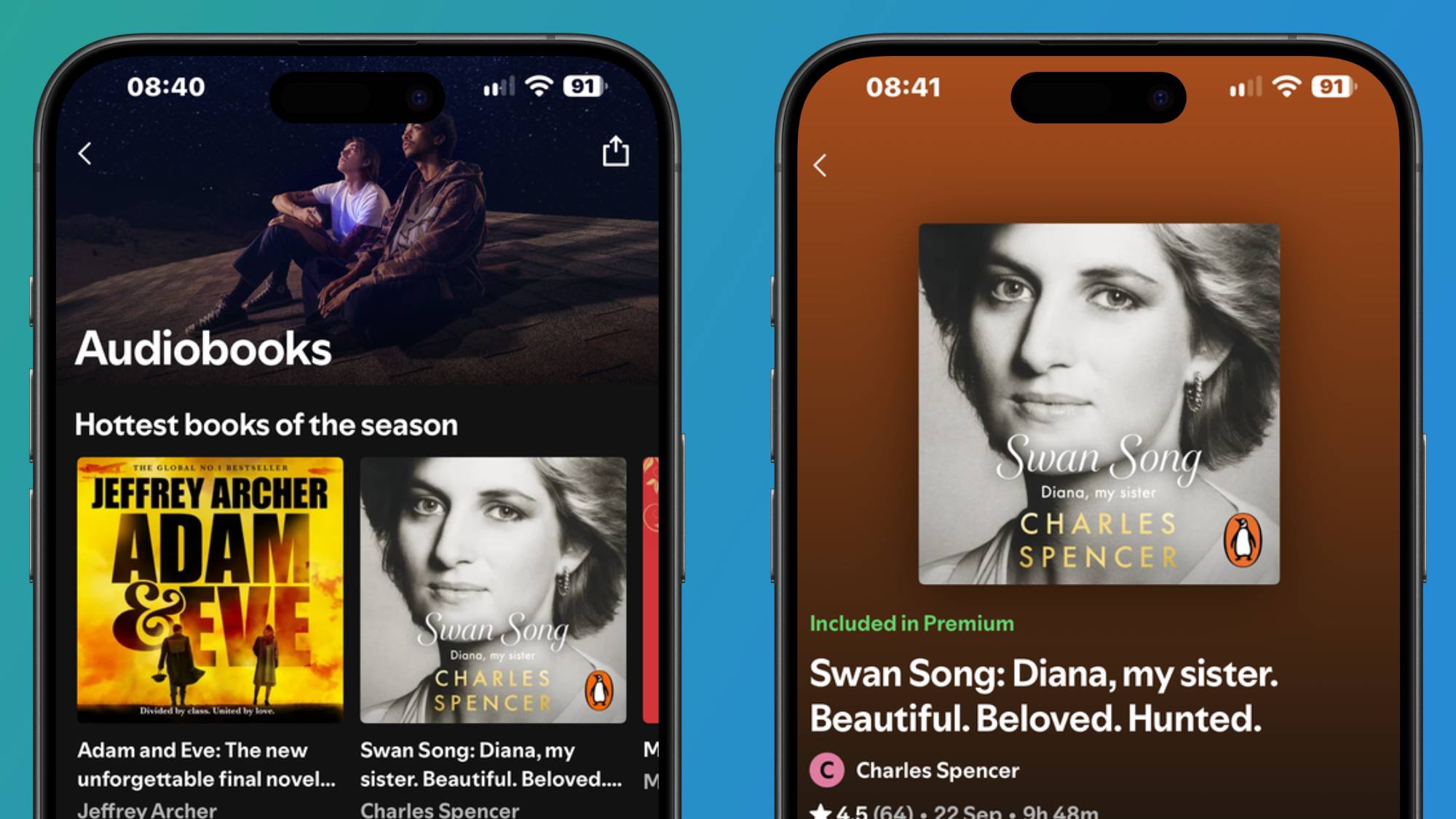 Spotify расширяет доступ к аудиокнигам и отказывается от музыкального интерфейса Два смартфона с открытым приложением Spotify на странице аудиокниг