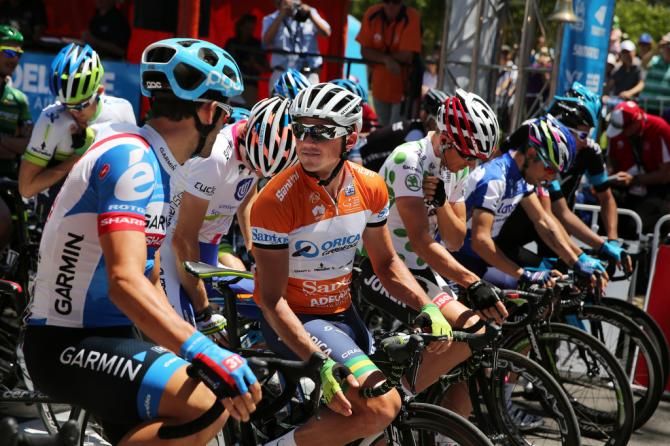 The jersey leaders and Nathan Haas before the start of Stage 6