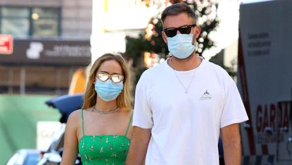 new york city, ny september 5 jennifer lawrence and husband cooke maroney walk wearing masks on september 5, 2020 in new york city, new york photo by lrnyc megagc images