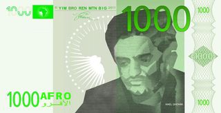 ’Afro-Euro’ by Bjarke Ingels Group. The front of a post card which looks like money with 1000 Afro on it and a mans face.