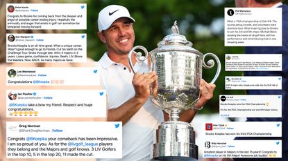 Brooks Koepka with trophy and tweets overlayed