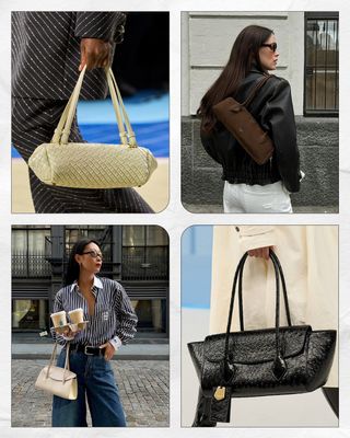 a collage of models and influencers carrying the '90s handbag trend: east-west purses
