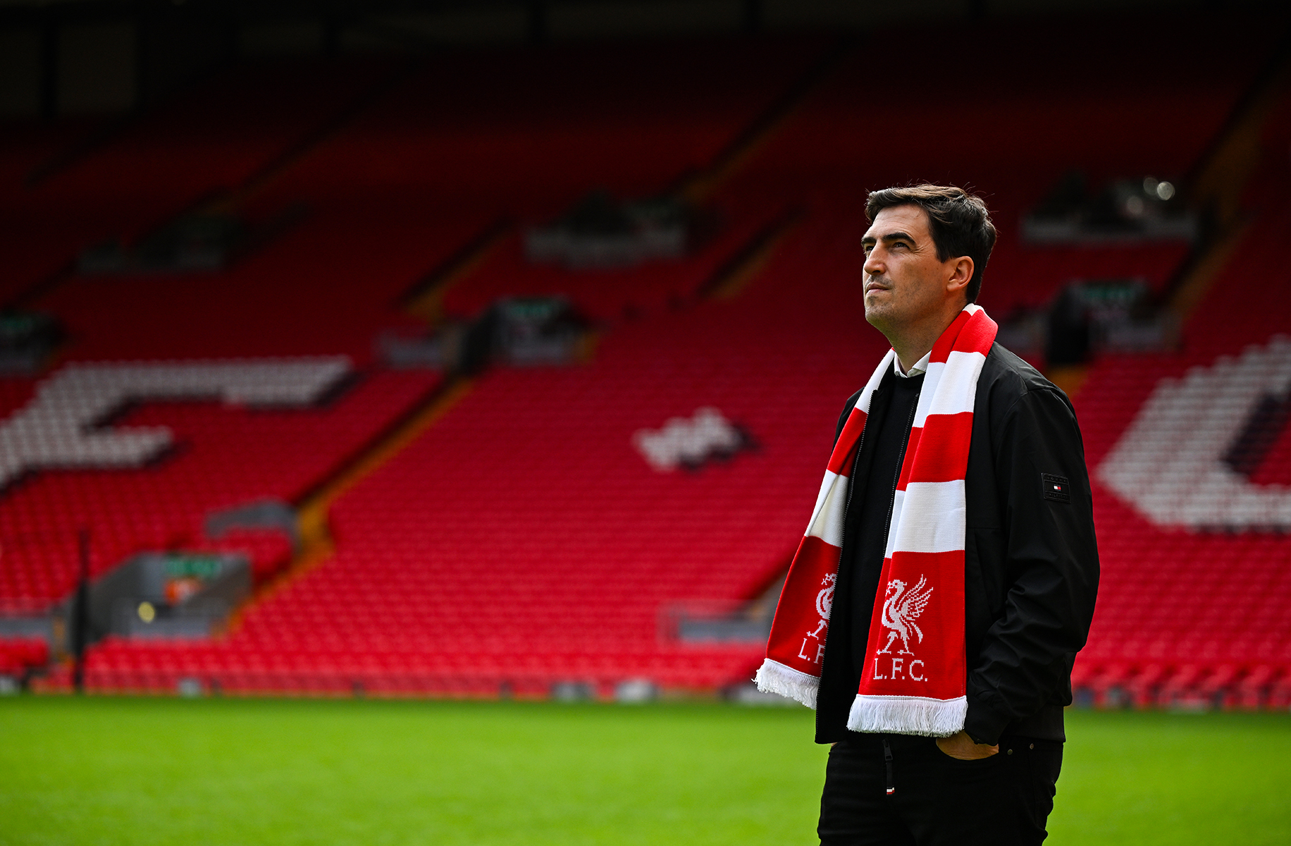 Andoni Iraola new manager of Liverpool Football Club at Anfield on June 04, 2026 in Liverpool, England.