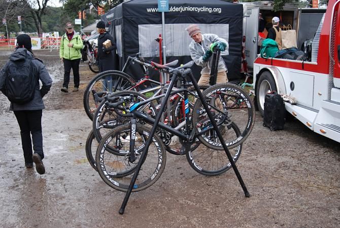 Riders get ready to pack up bikes after the US championships were called off