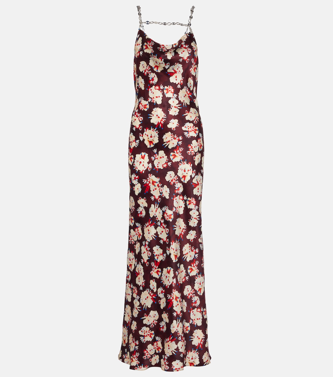 Chain-Detail Floral Silk Maxi Dress in Burgundy - Rabanne