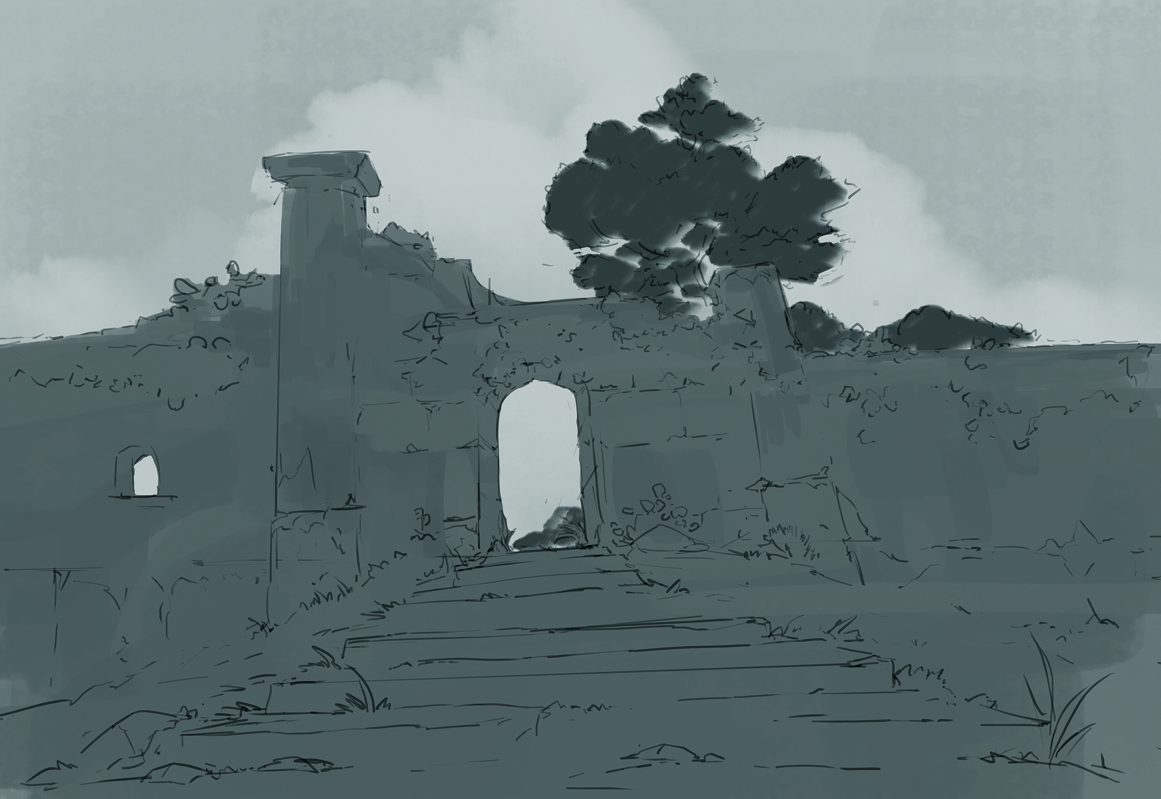 Digital art in progress from a matte painting tutorial