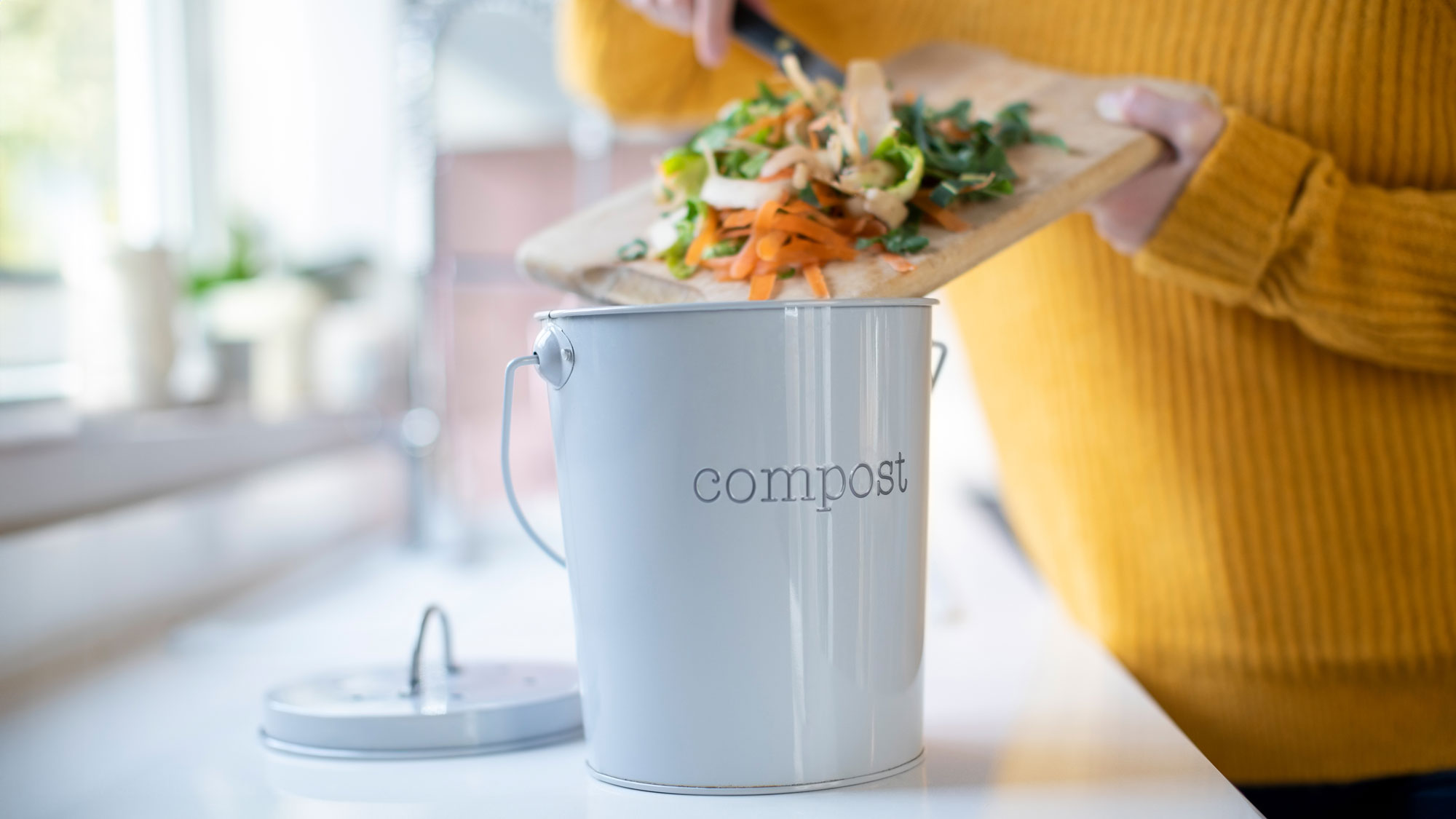 composting bin being used on kitchen counter