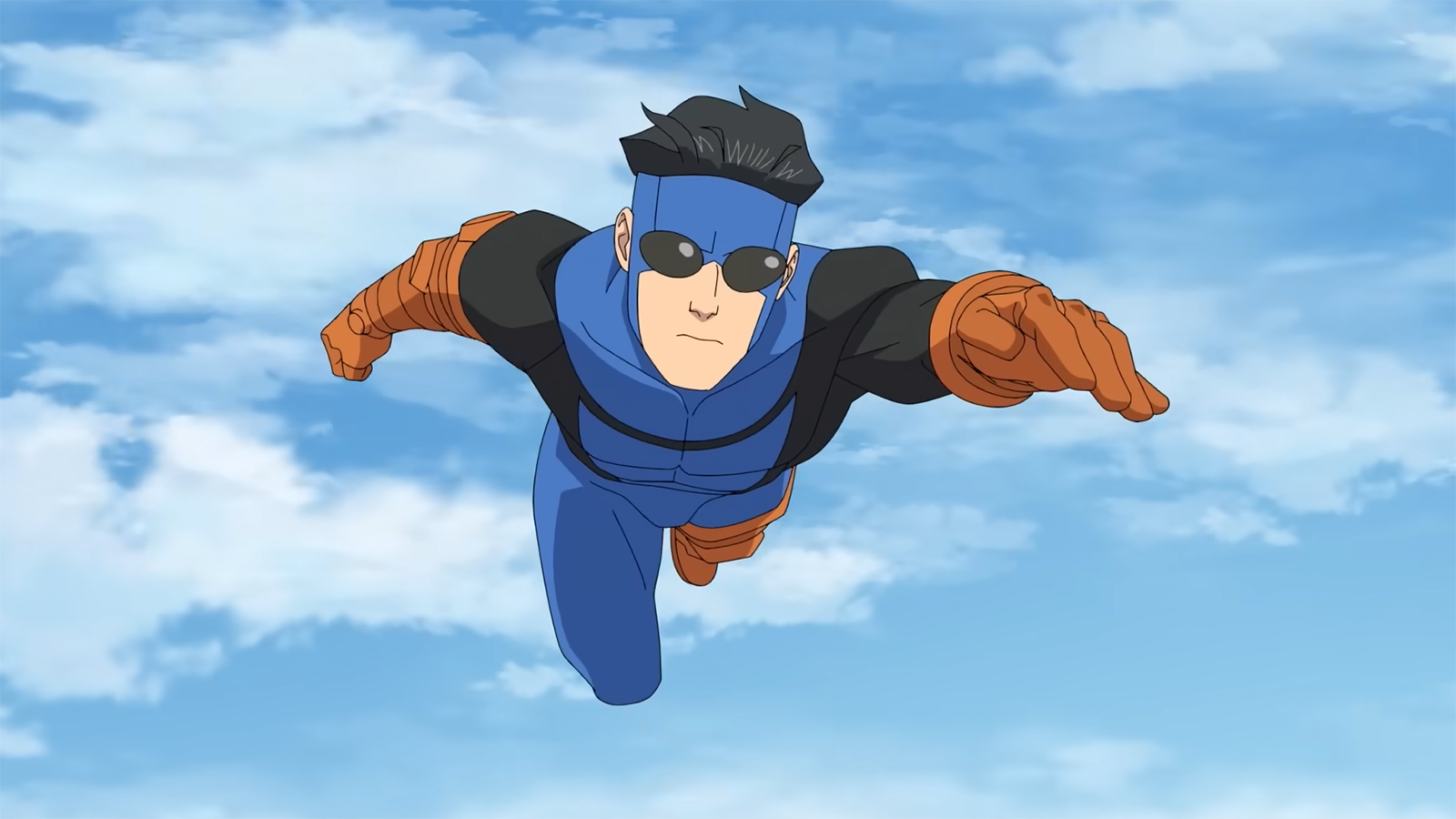 A pensive Mark flying with his arms and left leg covered in protective armor in Invincible season 4