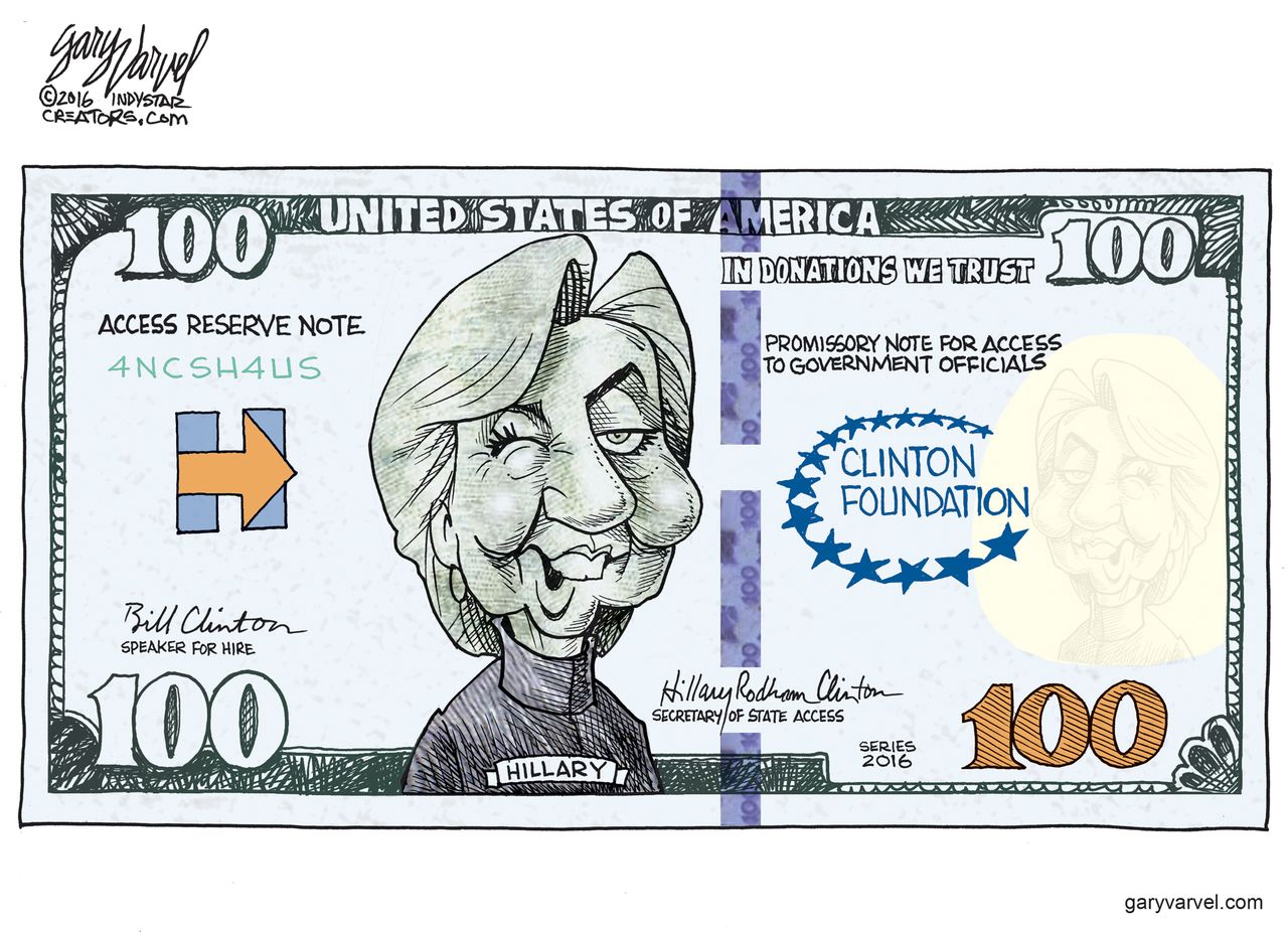 Political cartoon U.S. 2016 election Clinton Foundation