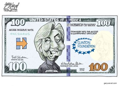 Political cartoon U.S. 2016 election Clinton Foundation