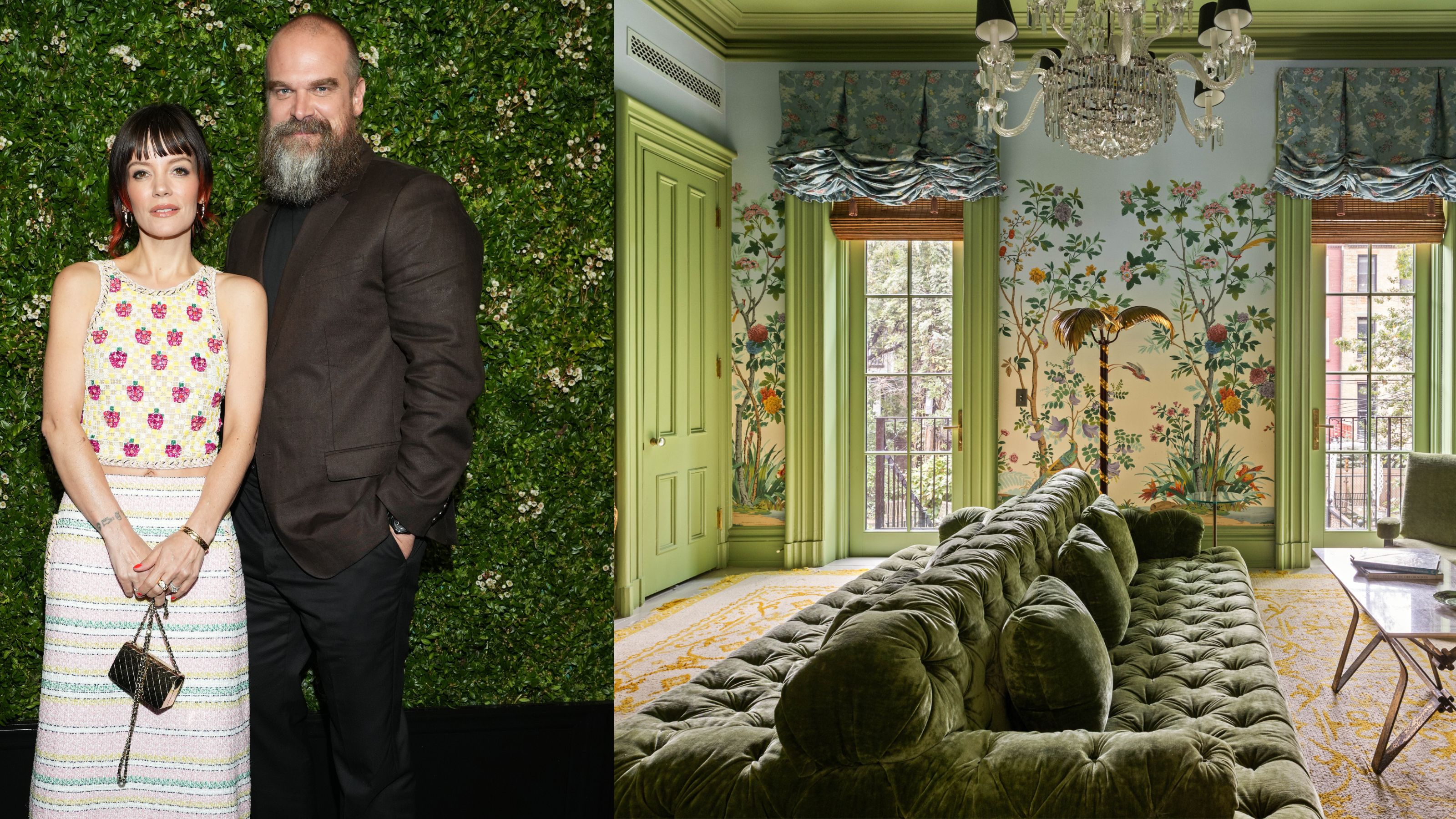 Left( an image of Allen and Harvour) and on the Right beautiful, opulent living room with mural wallpaper, green ceiling and a fireplace