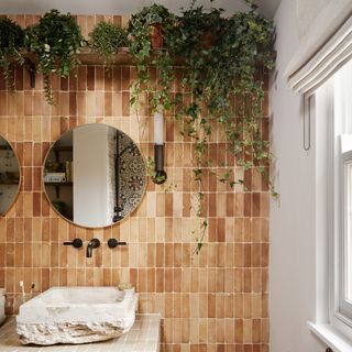 bathroom with two round wall-hung mirror and basin area covered in neutral terracotta tiles with trailing plants on a high shelf