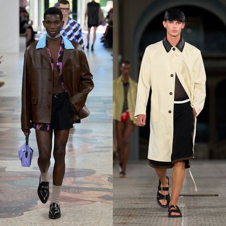 A collage of runway images from the men's spring summer 2025 shows, including Gucci and Wales Bonner.