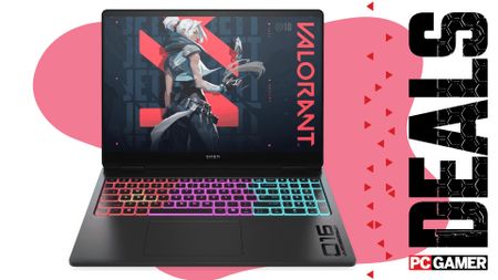 An HP Omen Max 16 RTX 5080 gaming laptop on a pink and white background